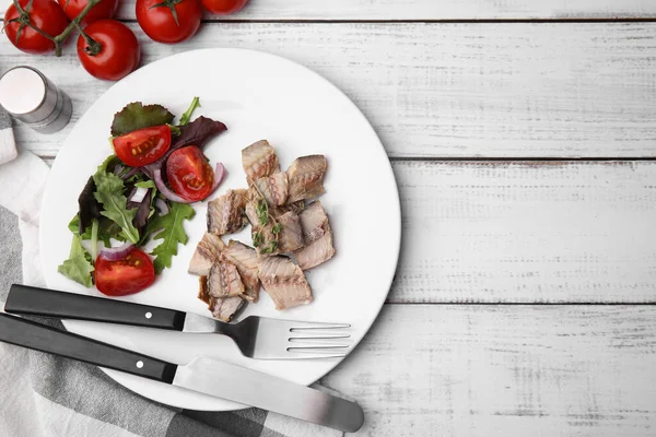 stock image Delicious canned mackerel chunks served on white wooden table, flat lay. Space for text