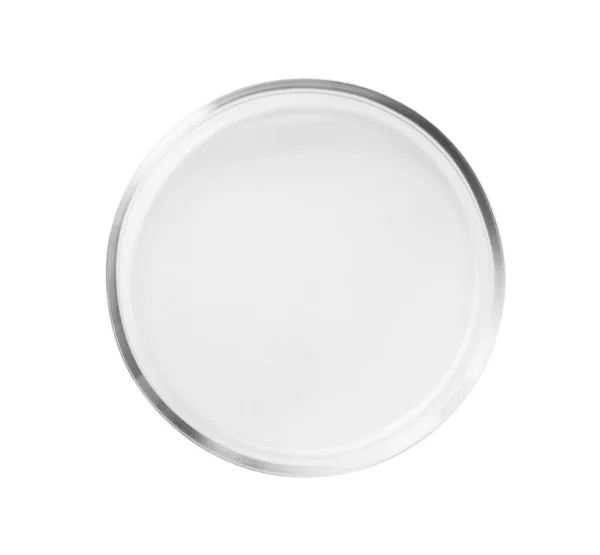 Placa Petri Vidro Vazia Isolada Branco Vista Superior — Fotografia de Stock