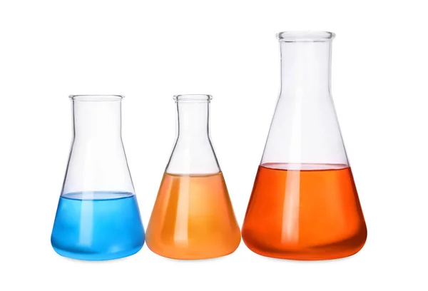 Лабораторний Скляний Посуд Барвистими Рідинами Білому Тлі — стокове фото