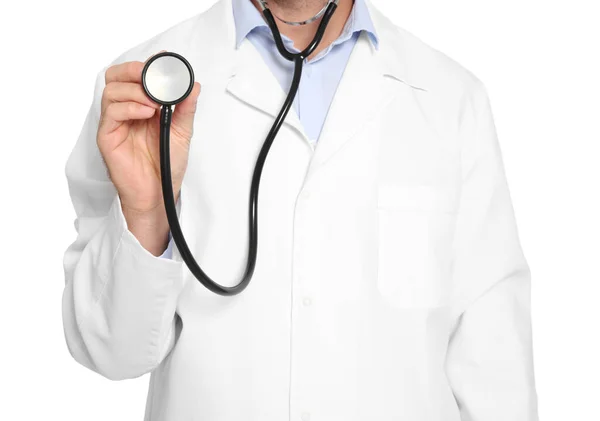 Dokter Met Stethoscoop Witte Achtergrond Close — Stockfoto