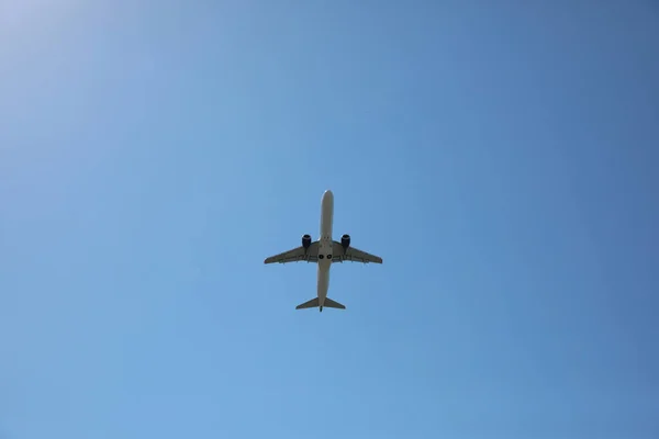 stock image Modern white airplane flying in sky, bottom view