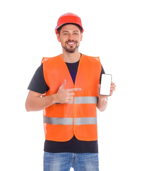 Férfi Ipari Mérnök Egyenruhában Telefon Fehér Háttér — Stock Fotó