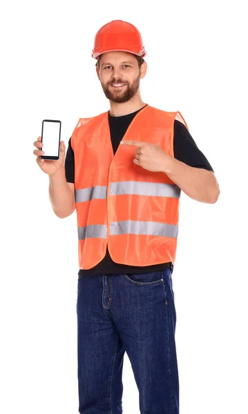 身穿反光制服的男人在白色背景下展示智能手机和大拇指 — 图库照片
