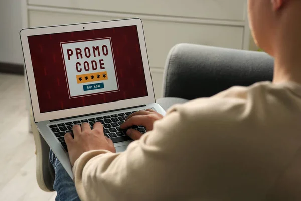 Man Laptop Activating Promo Code While Doing Online Shopping Indoors — Stock Photo, Image