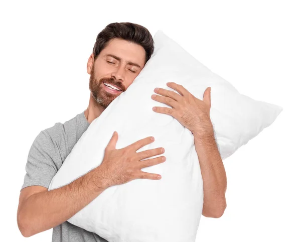 Ύπνος Όμορφος Άντρας Αγκαλιάζει Μαλακό Μαξιλάρι Λευκό Φόντο — Φωτογραφία Αρχείου