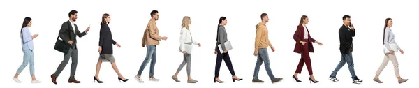 Κολάζ Φωτογραφίες Των Ανθρώπων Που Φορούν Κομψό Ντύσιμο Περπάτημα Λευκό — Φωτογραφία Αρχείου