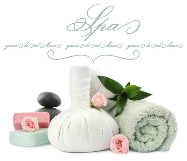 Herbal massage bags, soap, towel and spa stones on white background, space for text