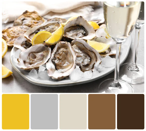 Fresh oysters with lemon and glasses of champagne on table and color palette. Collage