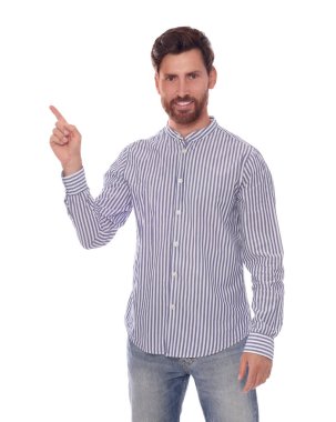 Handsome man gesturing on white background. Weather forecast reporter