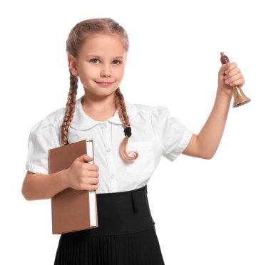 Beyaz arka planda okul zili olan öğrenci