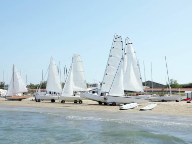Güneşli bir günde sörf tahtaları ve modern yatları olan deniz kıyısı.