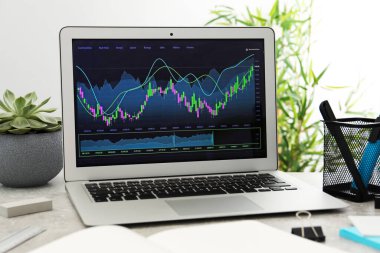 Modern dizüstü bilgisayar, defter ve açık gri masadaki bitkiler.