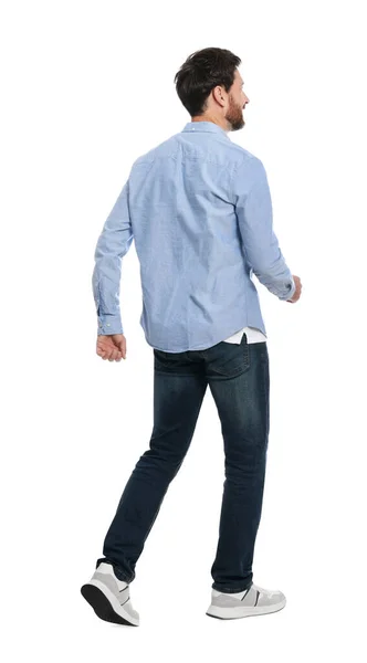 Hombre Guapo Traje Elegante Caminando Sobre Fondo Blanco Vista Trasera — Foto de Stock