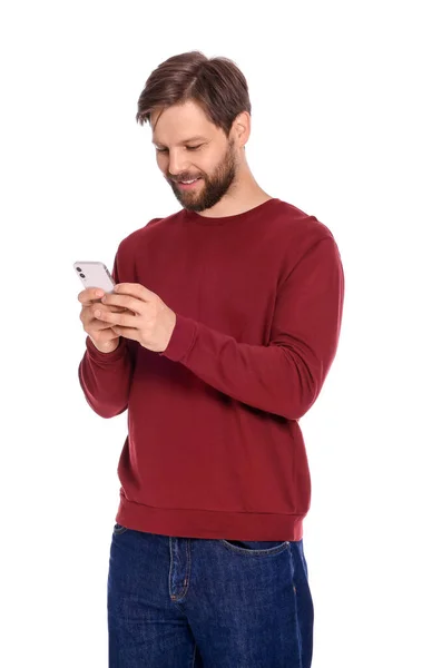 穿着休闲装 背景为白色的智能手机的男人 — 图库照片