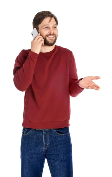 Man Talar Smartphone Mot Vit Bakgrund — Stockfoto
