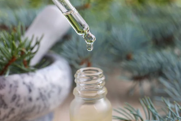 Dripping pine essential oil into bottle, closeup