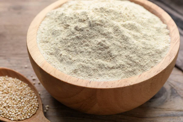 Quinoa Flour Bowl Spoon Seeds Wooden Table Closeup — Stock Photo, Image