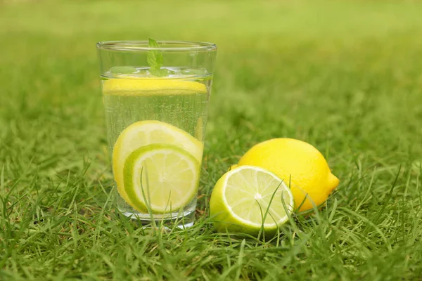 緑の芝生の上にレモンと水のガラス屋外 — ストック写真