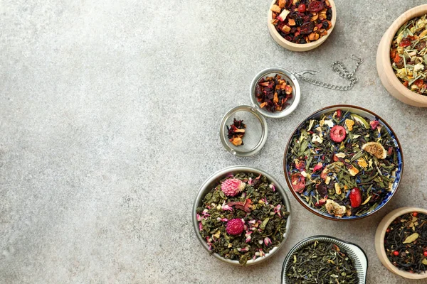 Gri Masada Bir Sürü Farklı Bitkisel Çay Var Düz Yerde — Stok fotoğraf