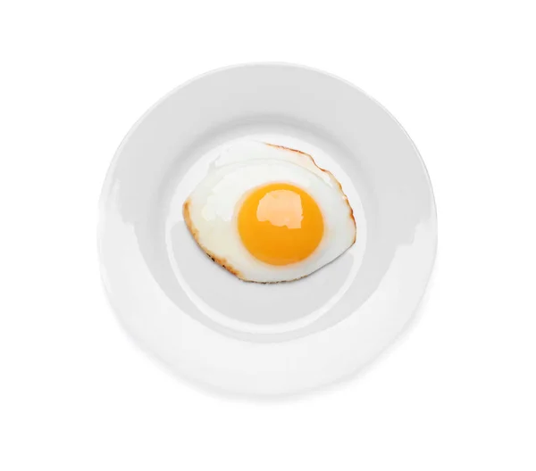 Placa Con Delicioso Huevo Frito Aislado Blanco Vista Superior — Foto de Stock