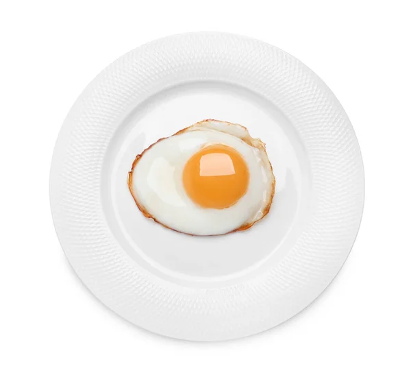 Placa Con Delicioso Huevo Frito Aislado Blanco Vista Superior —  Fotos de Stock