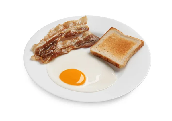 Oeuf Frit Savoureux Avec Pain Grillé Bacon Dans Une Assiette — Photo