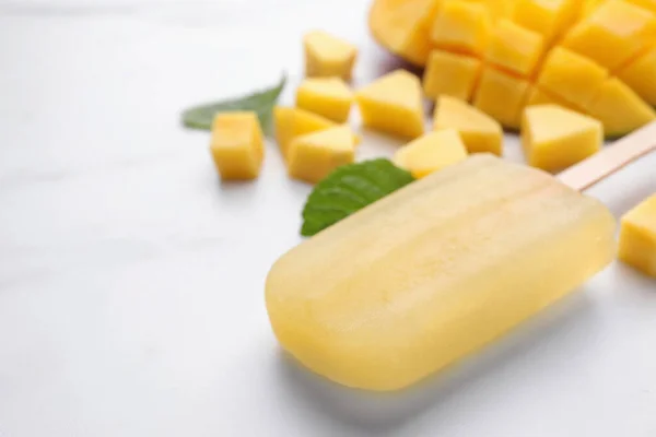 Tasty Mango Ice Pop White Table Space Text Fruit Popsicle — Stock Photo, Image