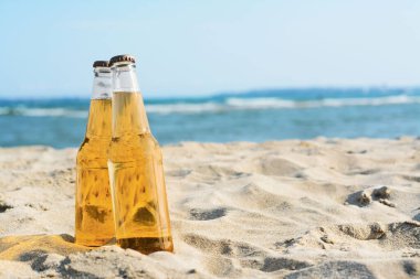 Bottles of cold beer on sandy beach near sea, space for text