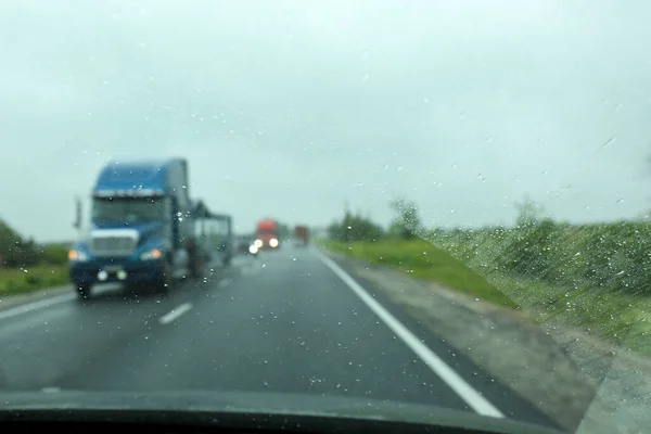 Blurred View Country Road Wet Car Window Rainy Weather — Stock Photo, Image