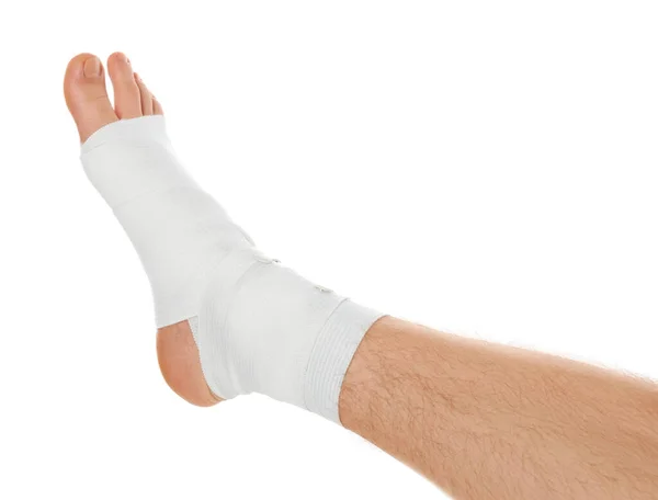 Man Foot Wrapped Medical Bandage White Background Closeup — Stock Photo, Image