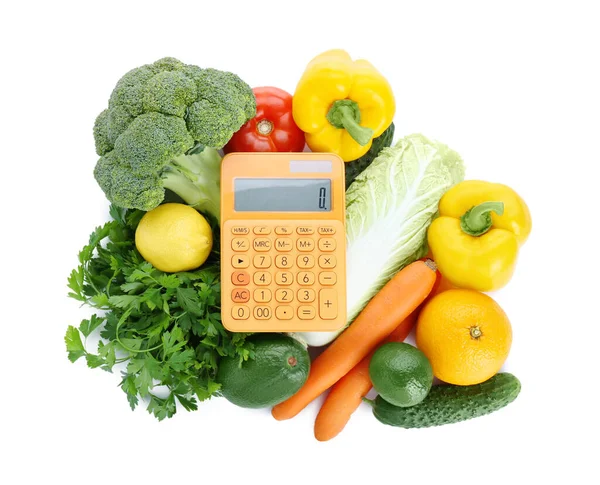 Kalkulator Produkty Spożywcze Białym Tle Widok Góry Koncepcja Odchudzania — Zdjęcie stockowe