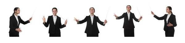 Колаж Фотографіями Професійного Молодого Диригента Паличкою Білому Тлі Дизайн Прапора — стокове фото