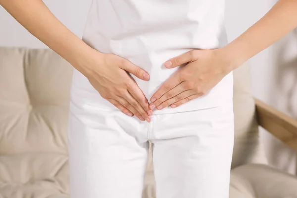 Woman Suffering Cystitis Home Closeup — 스톡 사진