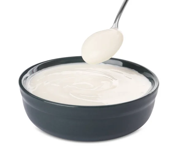 Bowl Spoon Delicious Organic Yogurt White Background — 图库照片