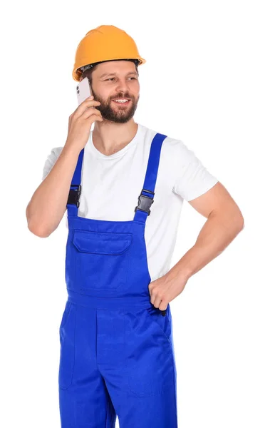 Reparaturprofi Uniform Spricht Auf Smartphone Vor Weißem Hintergrund — Stockfoto