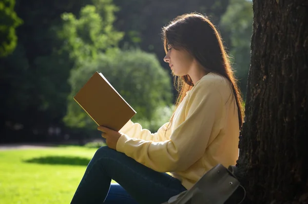 阳光明媚的日子 年轻女子在公园的树旁看书 — 图库照片