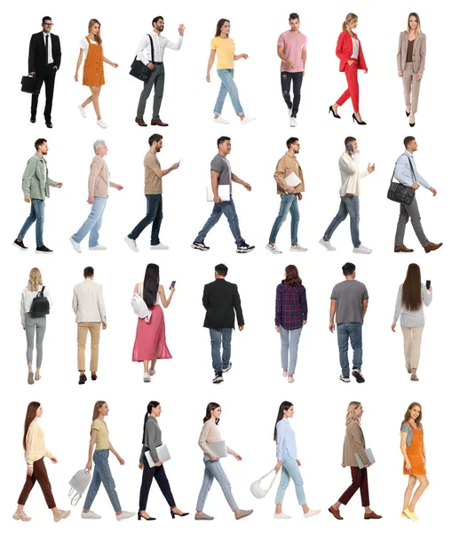 Colagem Com Fotos Pessoas Vestindo Roupas Elegantes Andando Sobre Fundo — Fotografia de Stock
