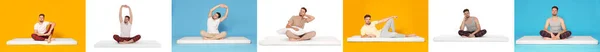 Colagem Com Fotos Homem Colchões Macios Confortáveis Diferentes Fundos Cores — Fotografia de Stock