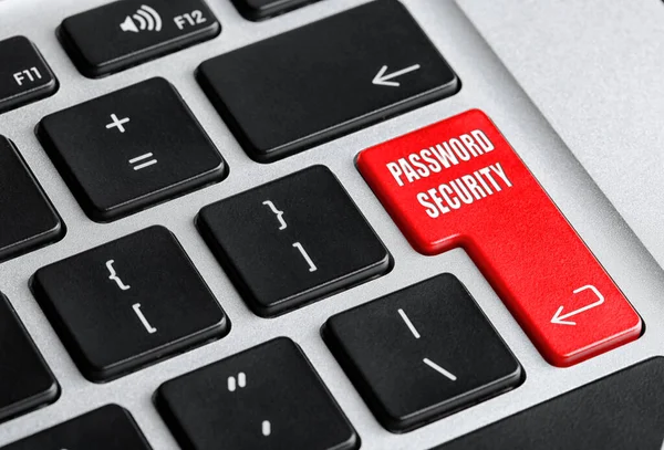 Botão Vermelho Com Texto Password Segurança Teclado Vista Close — Fotografia de Stock