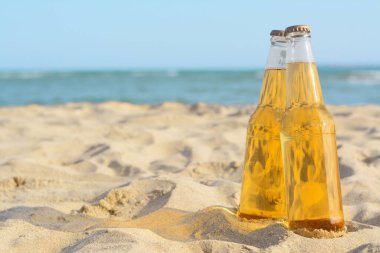 Bottles of cold beer on sandy beach near sea, space for text