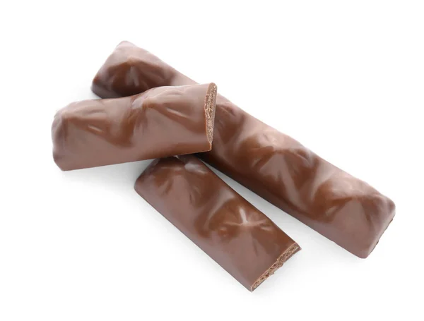 Pedaços Saborosas Barras Chocolate Fundo Branco Vista Superior — Fotografia de Stock