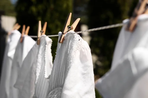 Clean Clothes Hanging Washing Line Garden Closeup Drying Laundry —  Fotos de Stock