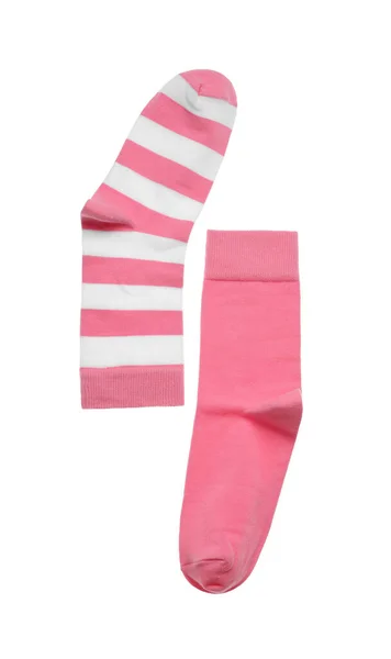 Různé Růžové Ponožky Bílém Pozadí Horní Pohled — Stock fotografie