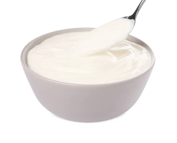 Ciotola Ceramica Cucchiaio Con Delizioso Yogurt Biologico Sfondo Bianco — Foto Stock