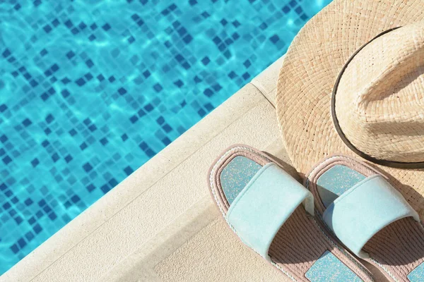 Stylish Slippers Straw Hat Poolside Sunny Day Space Text Beach Stock Photo