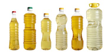 Beyaz arka planda farklı şişelerde pişirme yağı var. Pankart tasarımı