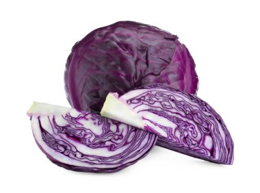 Whole and cut red cabbages on white background