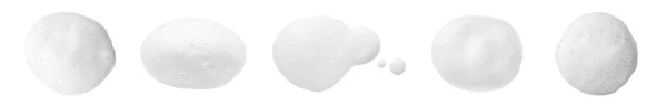 白い背景にふわふわの石鹸泡の滴をセット トップビュー バナーデザイン — ストック写真