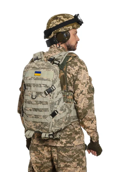 Soldier Ukrainian Military Uniform Tactical Goggles Backpack White Background — Stock Photo, Image