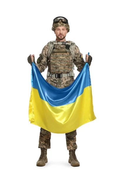 Στρατιώτης Στρατιωτική Στολή Ουκρανική Σημαία Λευκό Φόντο — Φωτογραφία Αρχείου